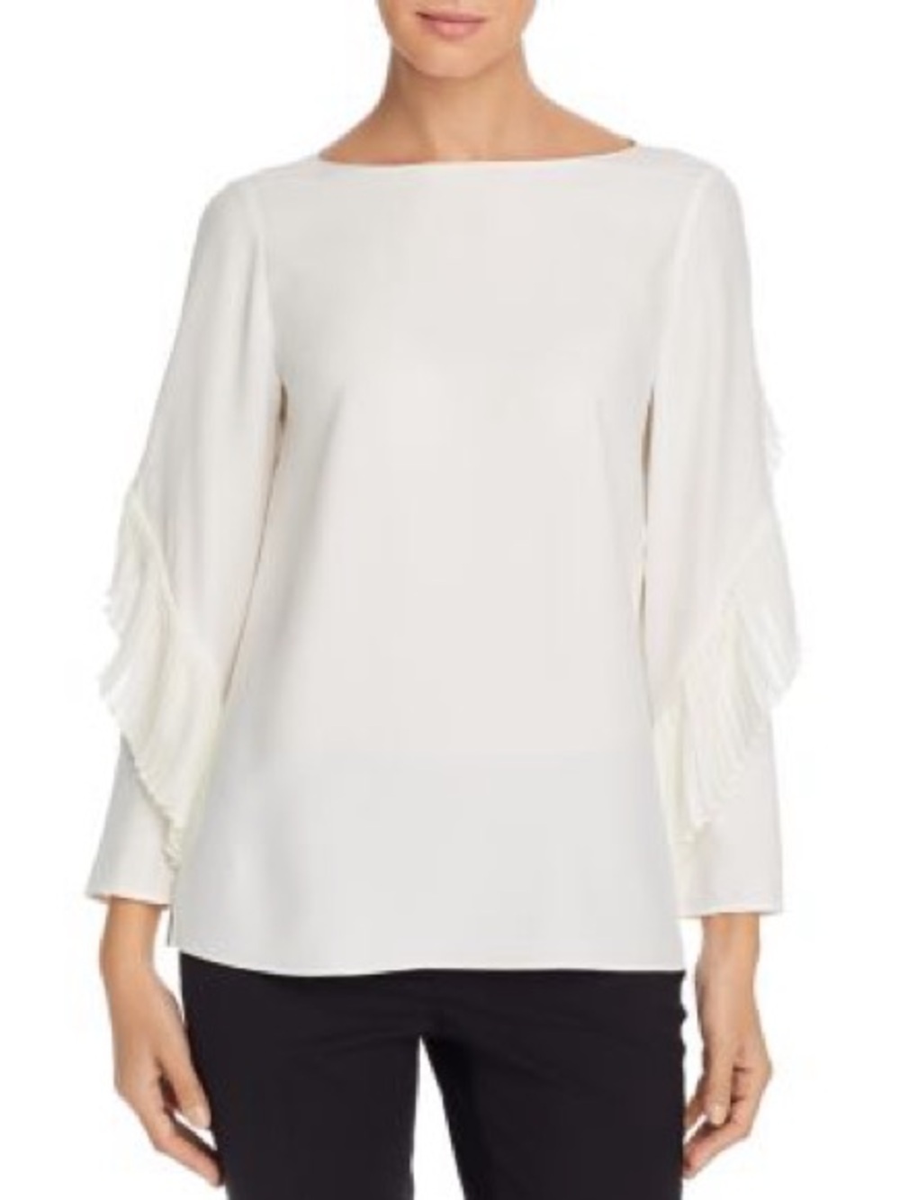 Lafayette 148 New York Alessia Ivory Silk Pleated Ruffle Sleeve Blouse Shirt Top